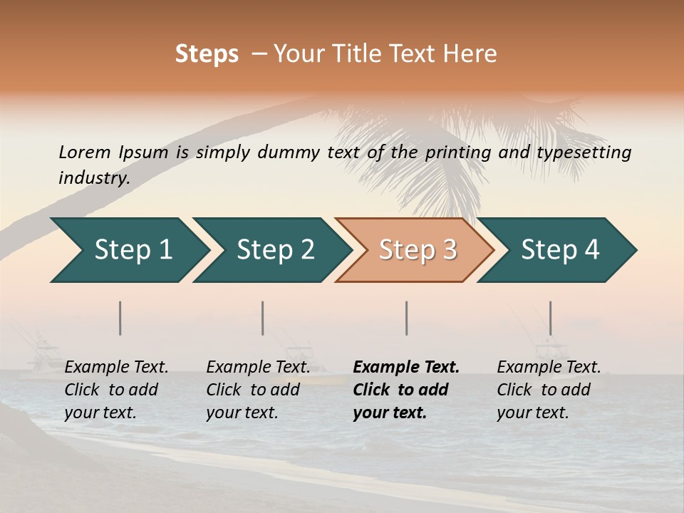 Palm Tree And Fishing Boats At Tropical Beach At Sunset. Focus On Palm Tree. PowerPoint Template