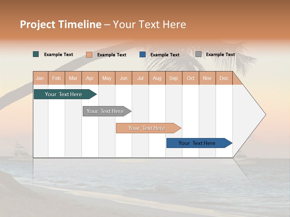 Palm Tree And Fishing Boats At Tropical Beach At Sunset. Focus On Palm Tree. PowerPoint Template