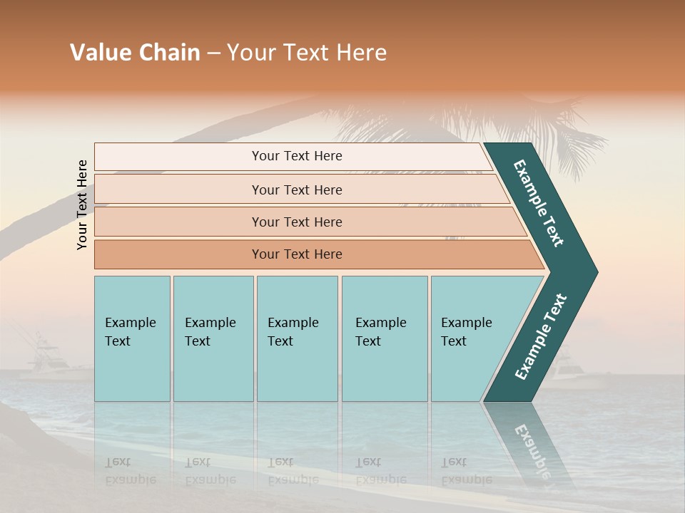 Palm Tree And Fishing Boats At Tropical Beach At Sunset. Focus On Palm Tree. PowerPoint Template