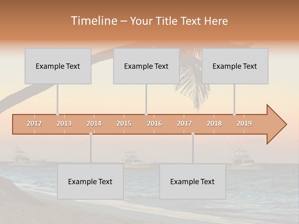 Palm Tree And Fishing Boats At Tropical Beach At Sunset. Focus On Palm Tree. PowerPoint Template