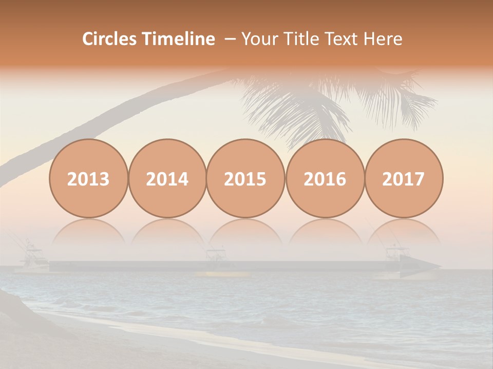 Palm Tree And Fishing Boats At Tropical Beach At Sunset. Focus On Palm Tree. PowerPoint Template