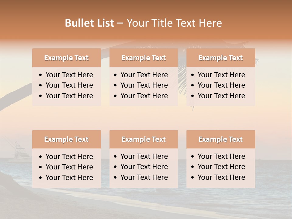 Palm Tree And Fishing Boats At Tropical Beach At Sunset. Focus On Palm Tree. PowerPoint Template