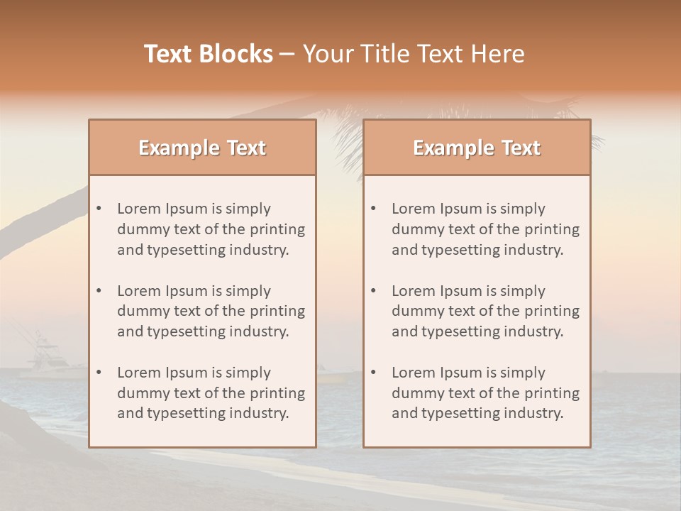 Palm Tree And Fishing Boats At Tropical Beach At Sunset. Focus On Palm Tree. PowerPoint Template