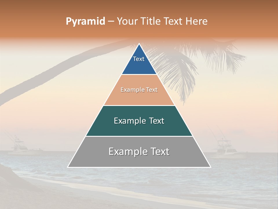 Palm Tree And Fishing Boats At Tropical Beach At Sunset. Focus On Palm Tree. PowerPoint Template