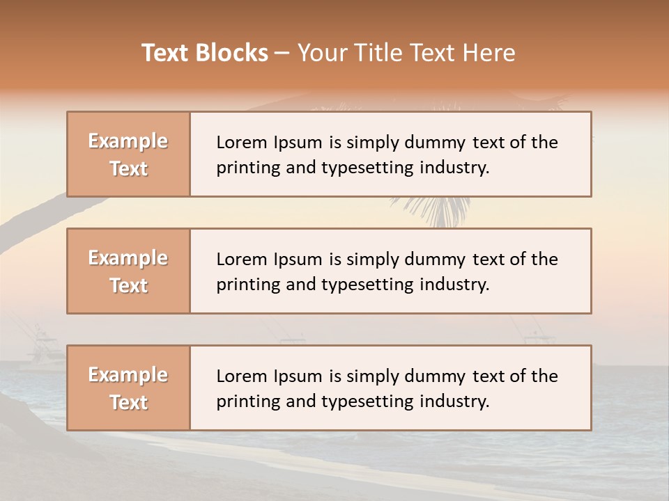 Palm Tree And Fishing Boats At Tropical Beach At Sunset. Focus On Palm Tree. PowerPoint Template