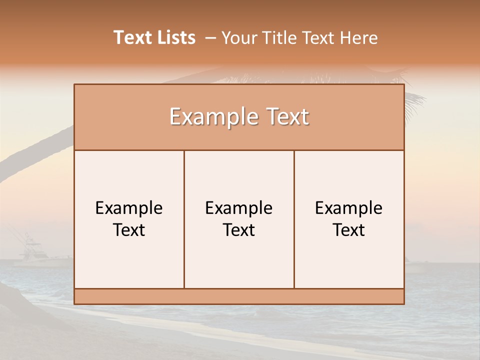Palm Tree And Fishing Boats At Tropical Beach At Sunset. Focus On Palm Tree. PowerPoint Template