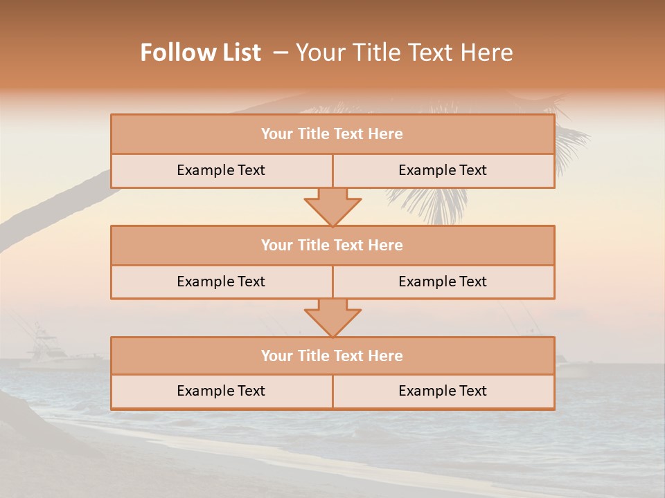 Palm Tree And Fishing Boats At Tropical Beach At Sunset. Focus On Palm Tree. PowerPoint Template