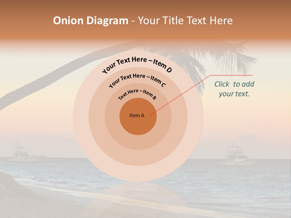 Palm Tree And Fishing Boats At Tropical Beach At Sunset. Focus On Palm Tree. PowerPoint Template