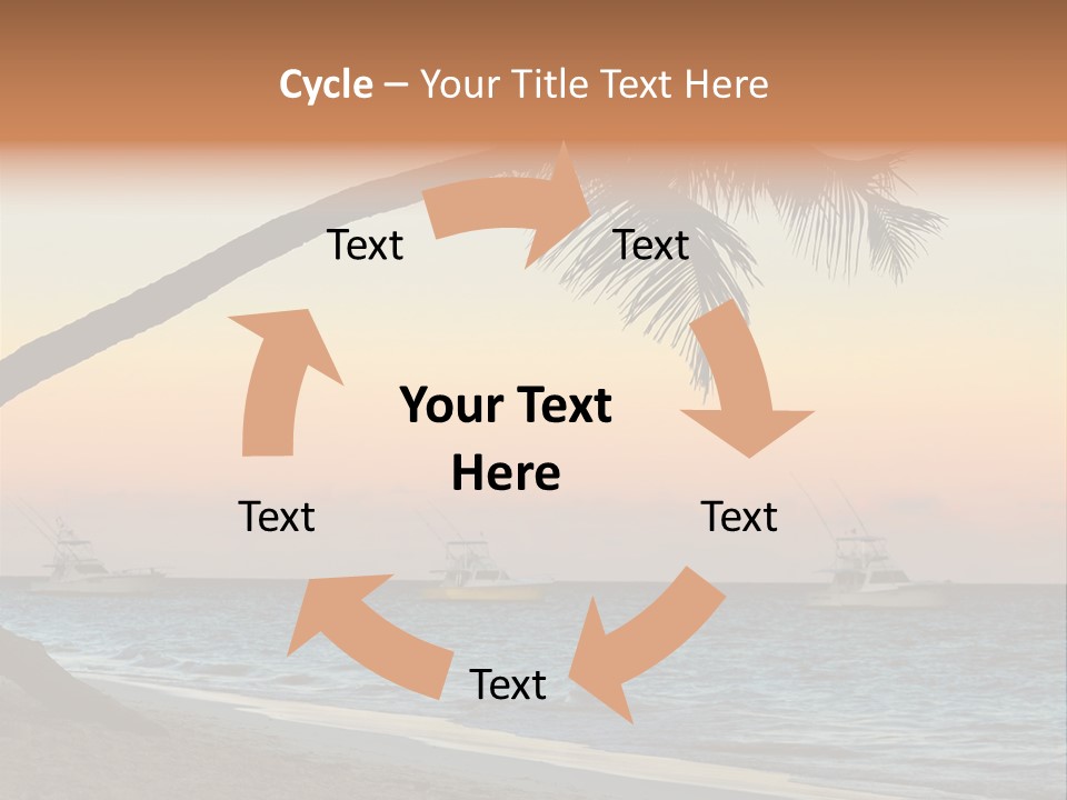 Palm Tree And Fishing Boats At Tropical Beach At Sunset. Focus On Palm Tree. PowerPoint Template