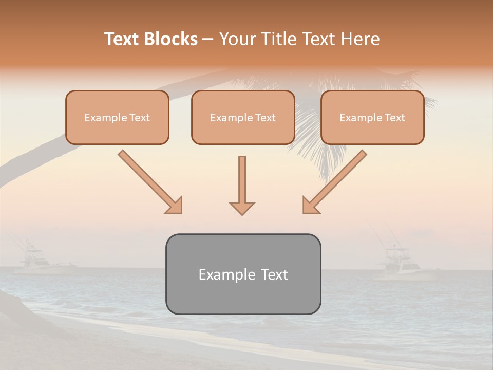 Palm Tree And Fishing Boats At Tropical Beach At Sunset. Focus On Palm Tree. PowerPoint Template