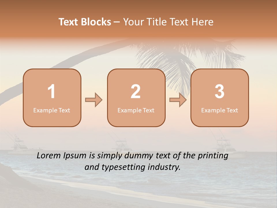 Palm Tree And Fishing Boats At Tropical Beach At Sunset. Focus On Palm Tree. PowerPoint Template