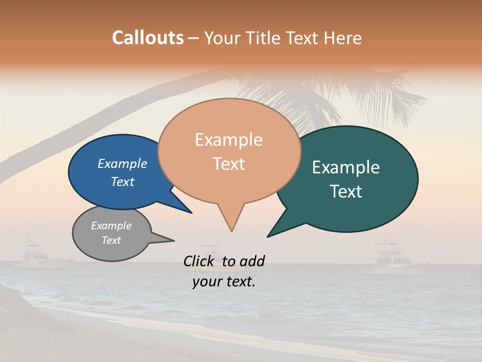 Palm Tree And Fishing Boats At Tropical Beach At Sunset. Focus On Palm Tree. PowerPoint Template