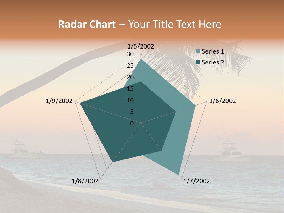 Palm Tree And Fishing Boats At Tropical Beach At Sunset. Focus On Palm Tree. PowerPoint Template