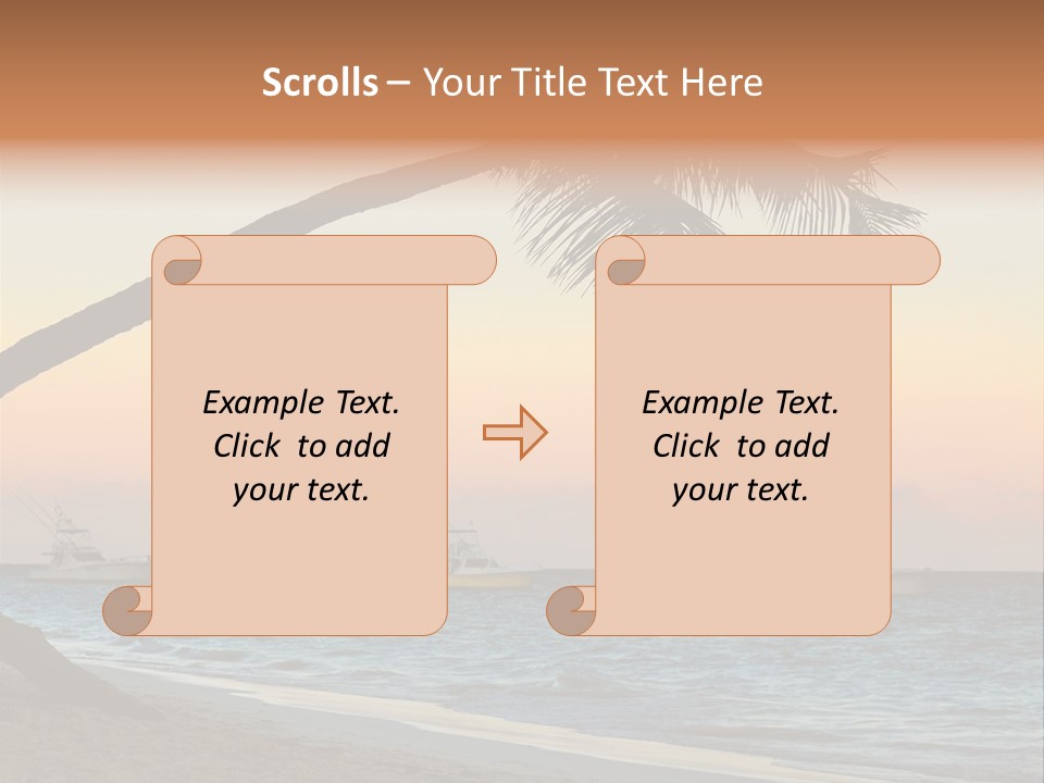 Palm Tree And Fishing Boats At Tropical Beach At Sunset. Focus On Palm Tree. PowerPoint Template