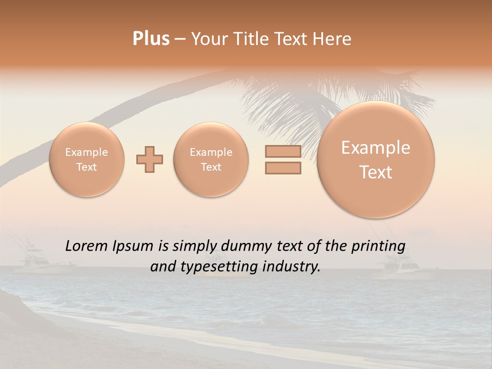 Palm Tree And Fishing Boats At Tropical Beach At Sunset. Focus On Palm Tree. PowerPoint Template