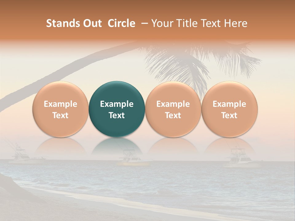 Palm Tree And Fishing Boats At Tropical Beach At Sunset. Focus On Palm Tree. PowerPoint Template