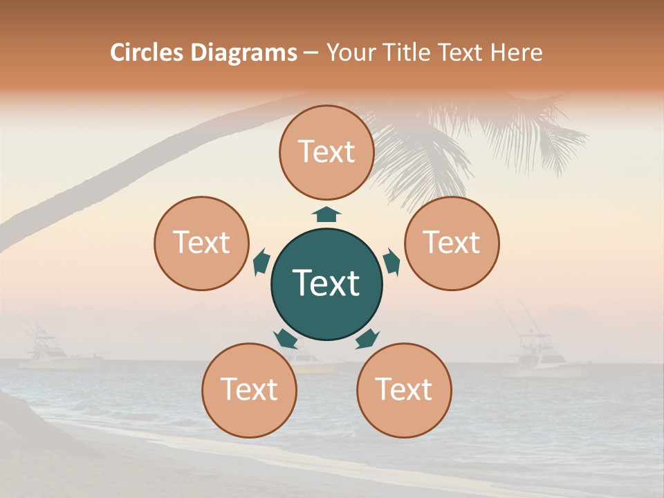 Palm Tree And Fishing Boats At Tropical Beach At Sunset. Focus On Palm Tree. PowerPoint Template