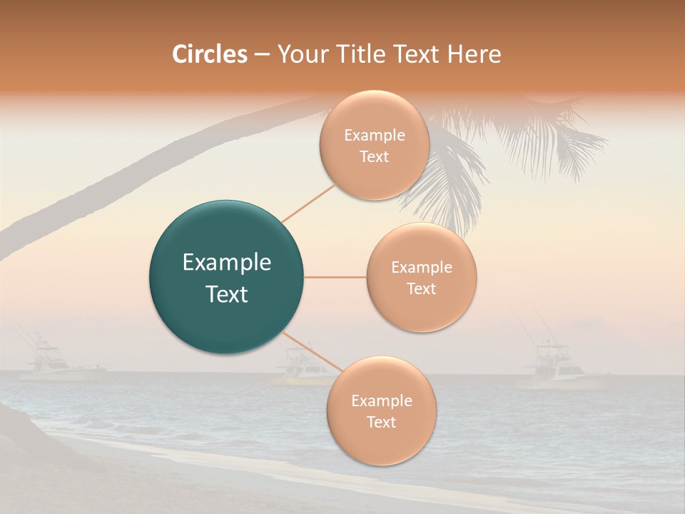 Palm Tree And Fishing Boats At Tropical Beach At Sunset. Focus On Palm Tree. PowerPoint Template