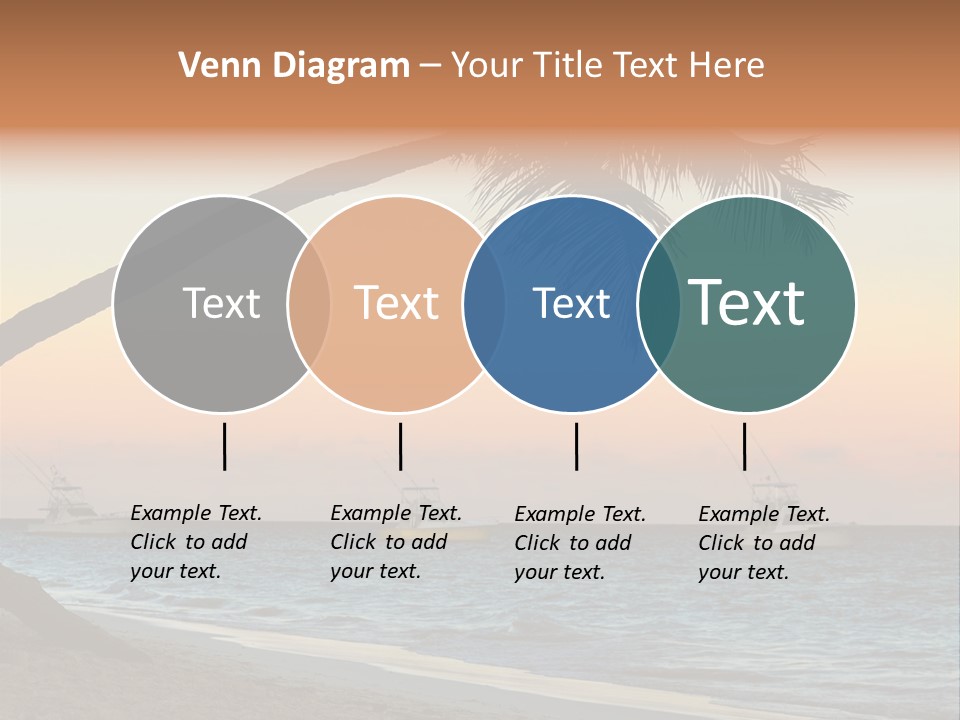 Palm Tree And Fishing Boats At Tropical Beach At Sunset. Focus On Palm Tree. PowerPoint Template