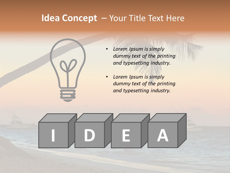 Palm Tree And Fishing Boats At Tropical Beach At Sunset. Focus On Palm Tree. PowerPoint Template