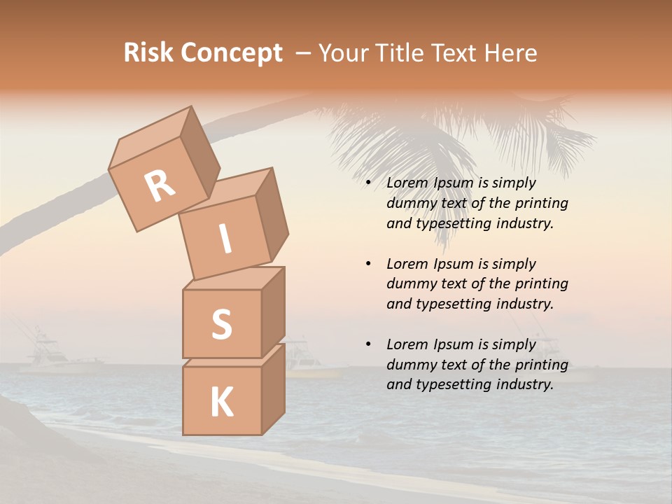 Palm Tree And Fishing Boats At Tropical Beach At Sunset. Focus On Palm Tree. PowerPoint Template