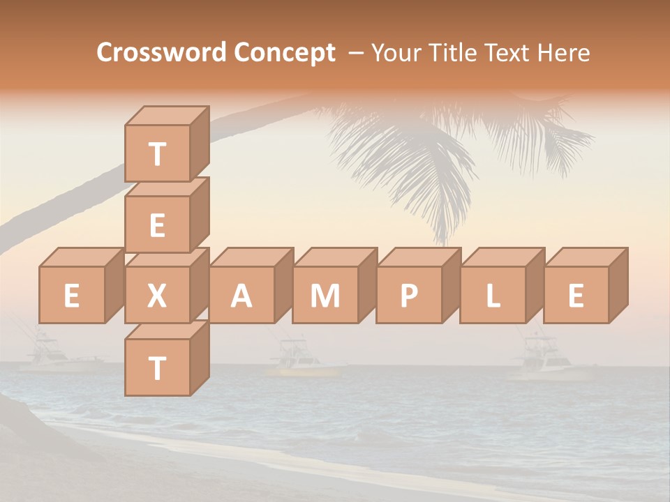 Palm Tree And Fishing Boats At Tropical Beach At Sunset. Focus On Palm Tree. PowerPoint Template