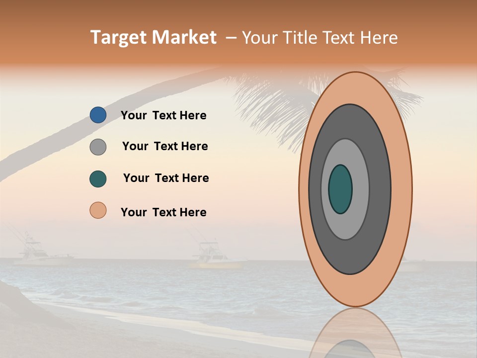 Palm Tree And Fishing Boats At Tropical Beach At Sunset. Focus On Palm Tree. PowerPoint Template