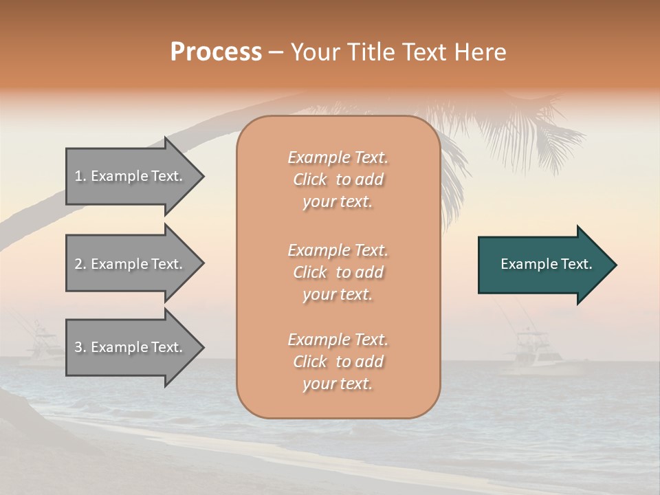Palm Tree And Fishing Boats At Tropical Beach At Sunset. Focus On Palm Tree. PowerPoint Template