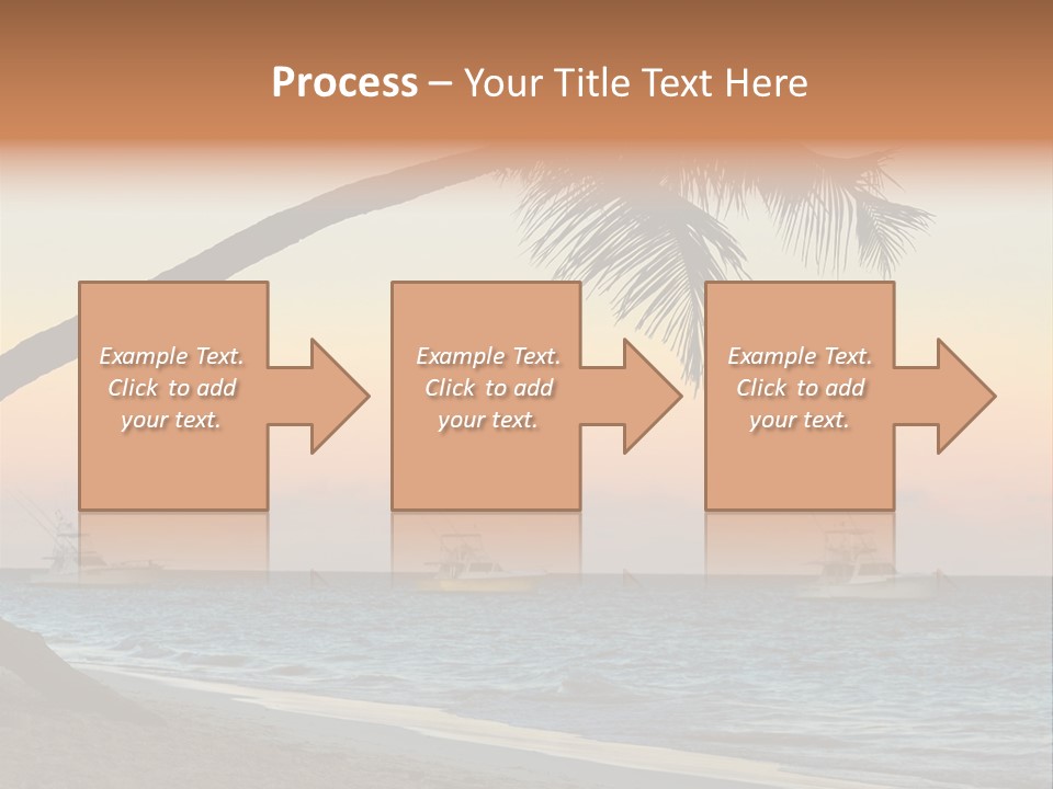 Palm Tree And Fishing Boats At Tropical Beach At Sunset. Focus On Palm Tree. PowerPoint Template