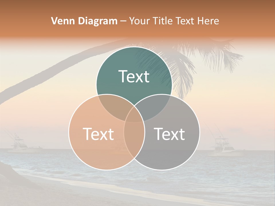 Palm Tree And Fishing Boats At Tropical Beach At Sunset. Focus On Palm Tree. PowerPoint Template