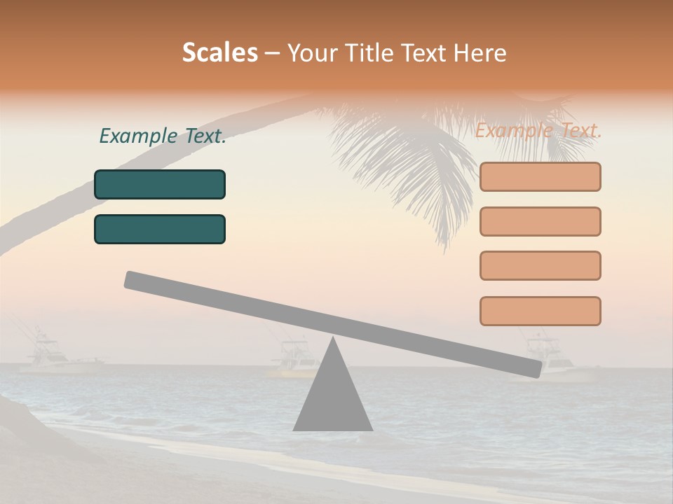 Palm Tree And Fishing Boats At Tropical Beach At Sunset. Focus On Palm Tree. PowerPoint Template