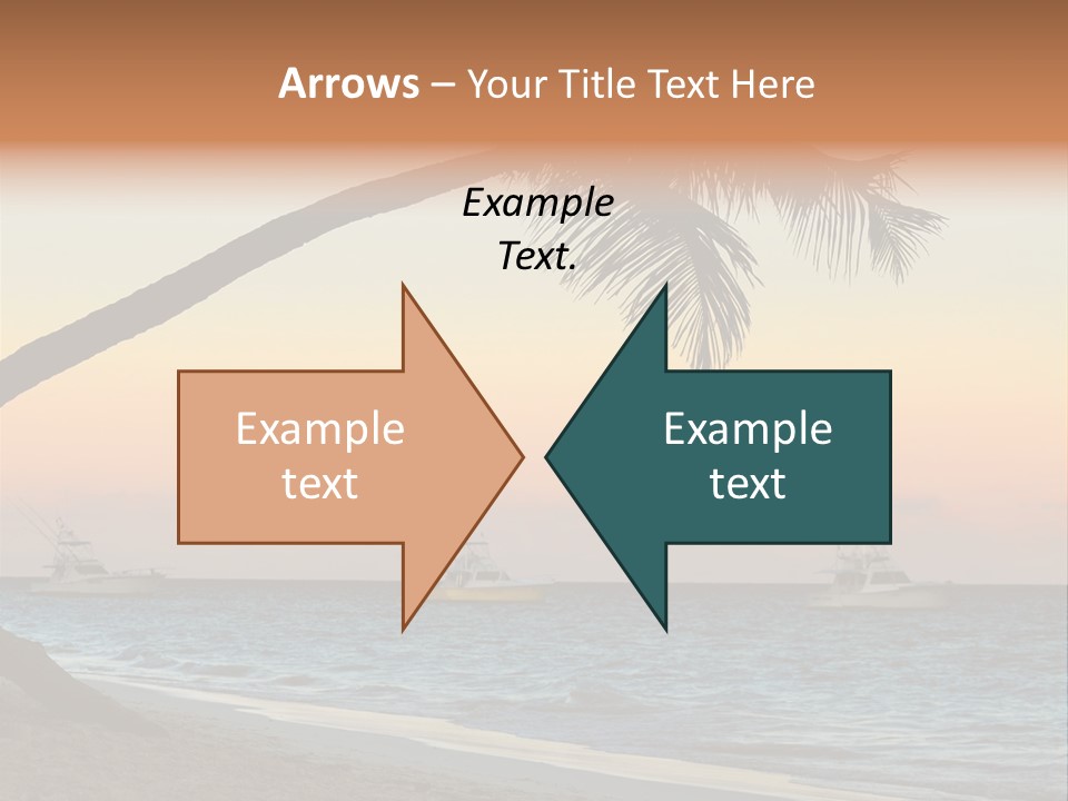 Palm Tree And Fishing Boats At Tropical Beach At Sunset. Focus On Palm Tree. PowerPoint Template