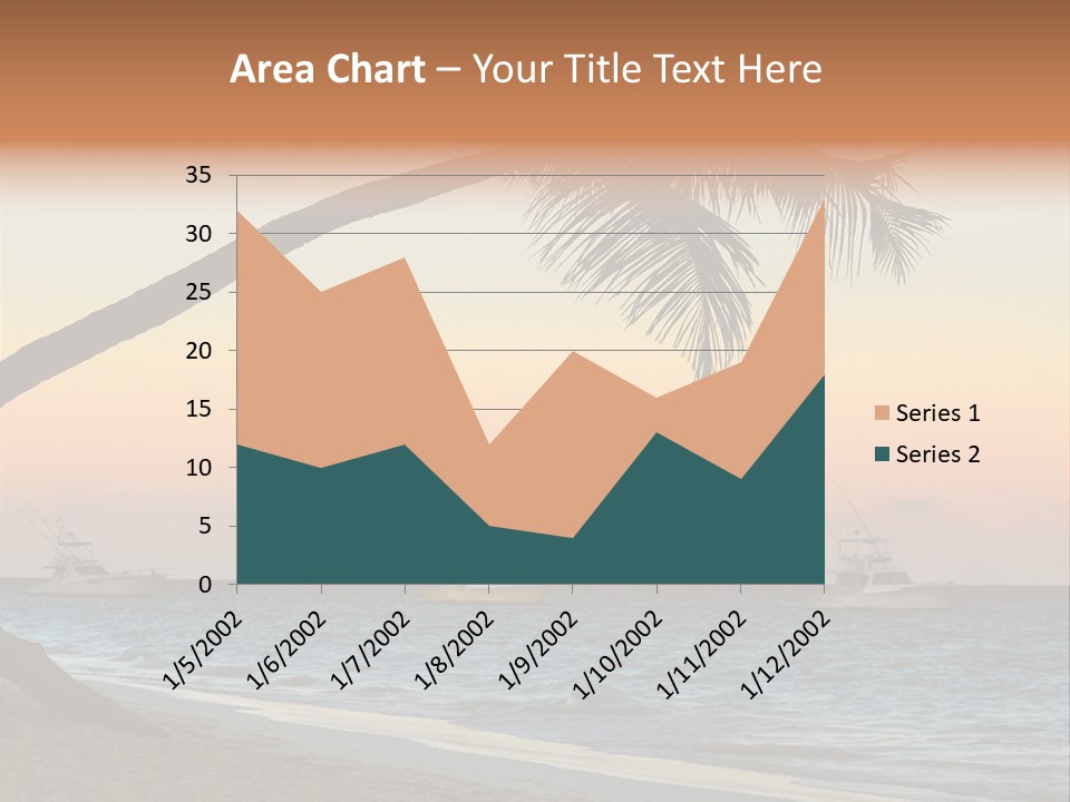 Palm Tree And Fishing Boats At Tropical Beach At Sunset. Focus On Palm Tree. PowerPoint Template