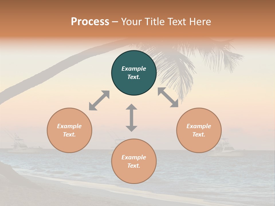 Palm Tree And Fishing Boats At Tropical Beach At Sunset. Focus On Palm Tree. PowerPoint Template