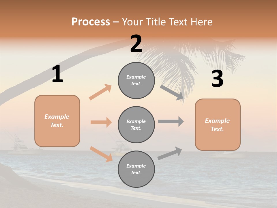 Palm Tree And Fishing Boats At Tropical Beach At Sunset. Focus On Palm Tree. PowerPoint Template