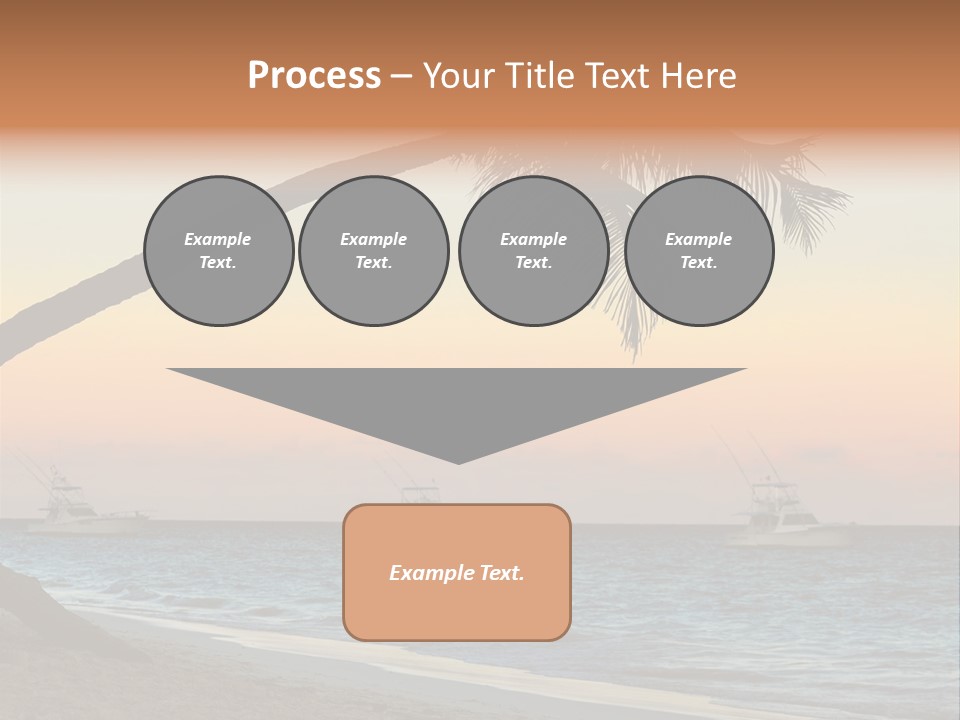 Palm Tree And Fishing Boats At Tropical Beach At Sunset. Focus On Palm Tree. PowerPoint Template