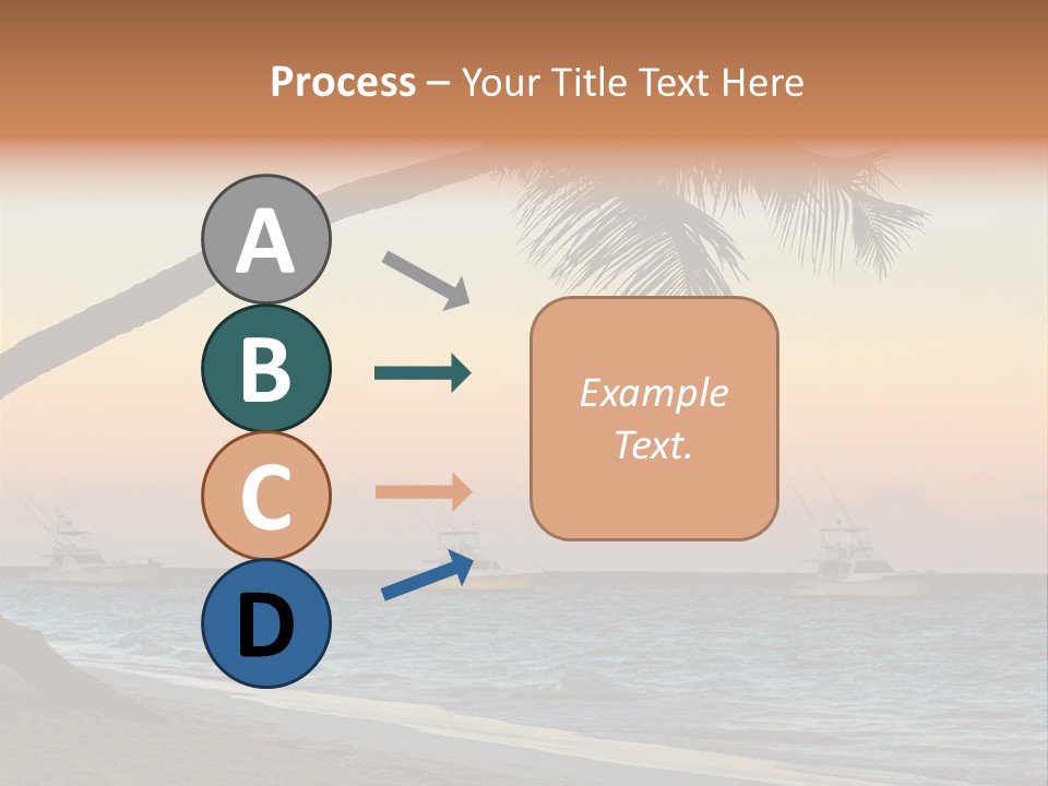 Palm Tree And Fishing Boats At Tropical Beach At Sunset. Focus On Palm Tree. PowerPoint Template