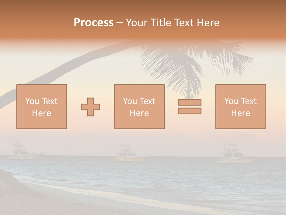 Palm Tree And Fishing Boats At Tropical Beach At Sunset. Focus On Palm Tree. PowerPoint Template