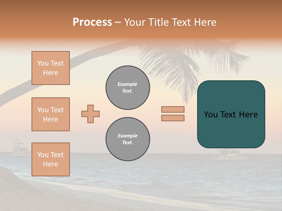 Palm Tree And Fishing Boats At Tropical Beach At Sunset. Focus On Palm Tree. PowerPoint Template