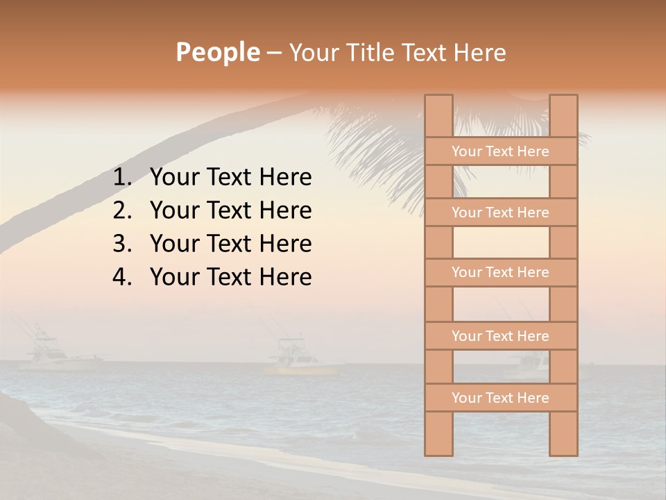 Palm Tree And Fishing Boats At Tropical Beach At Sunset. Focus On Palm Tree. PowerPoint Template