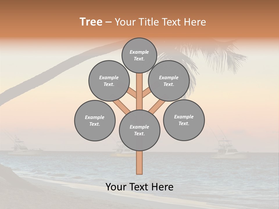 Palm Tree And Fishing Boats At Tropical Beach At Sunset. Focus On Palm Tree. PowerPoint Template