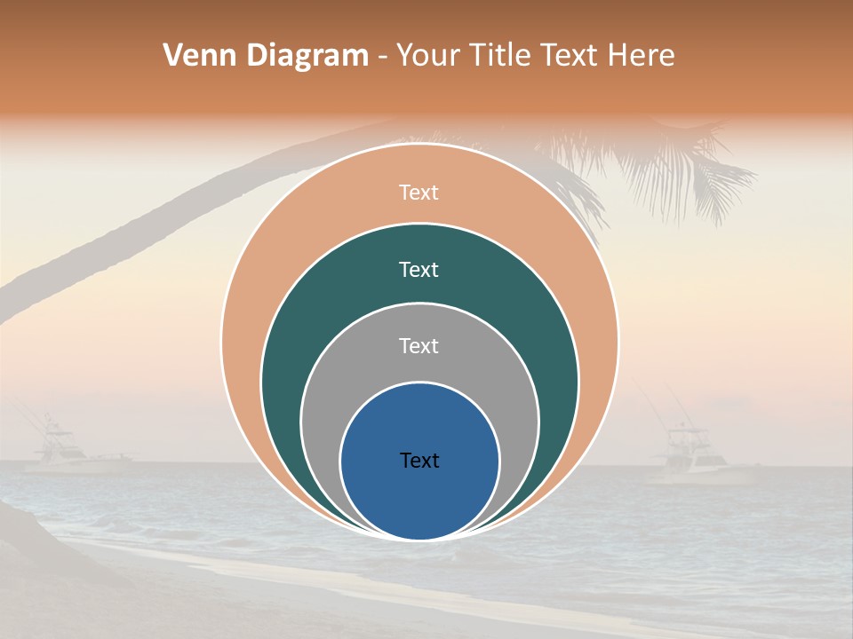 Palm Tree And Fishing Boats At Tropical Beach At Sunset. Focus On Palm Tree. PowerPoint Template