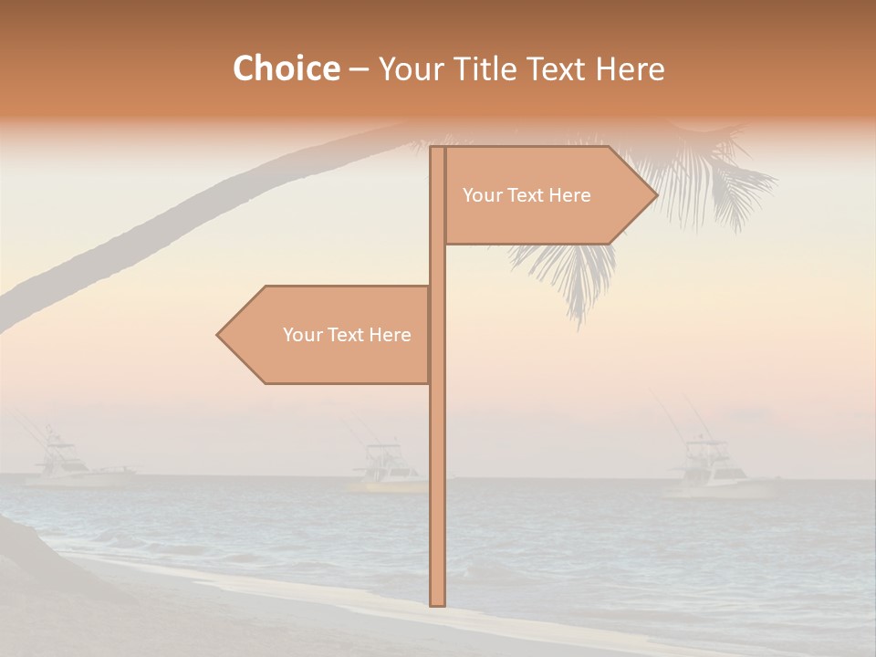 Palm Tree And Fishing Boats At Tropical Beach At Sunset. Focus On Palm Tree. PowerPoint Template