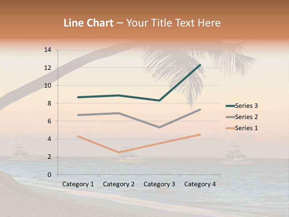 Palm Tree And Fishing Boats At Tropical Beach At Sunset. Focus On Palm Tree. PowerPoint Template