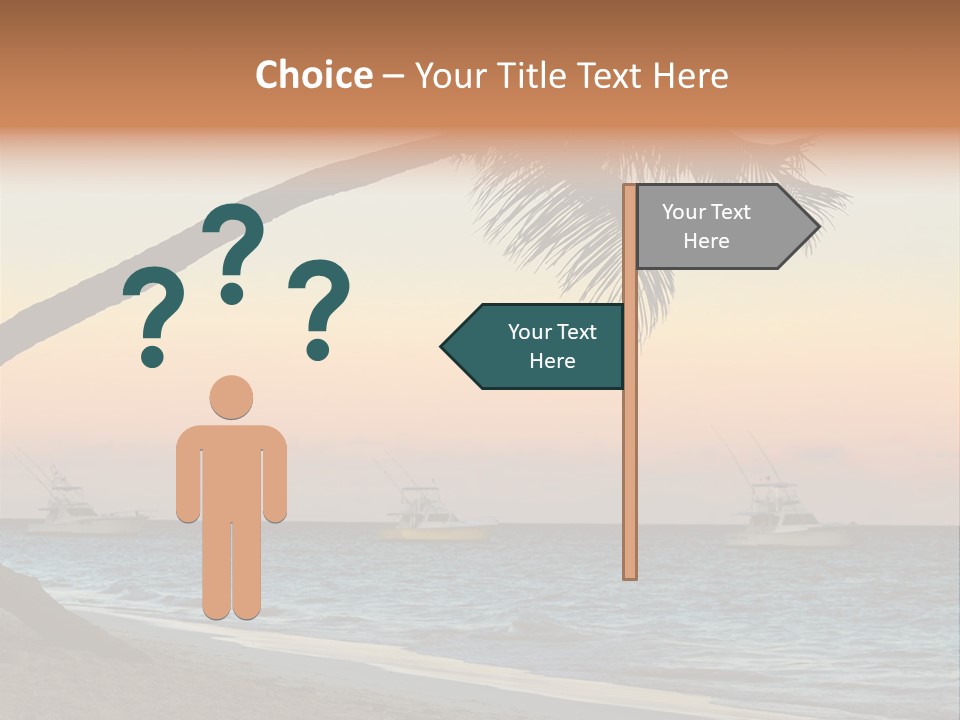 Palm Tree And Fishing Boats At Tropical Beach At Sunset. Focus On Palm Tree. PowerPoint Template