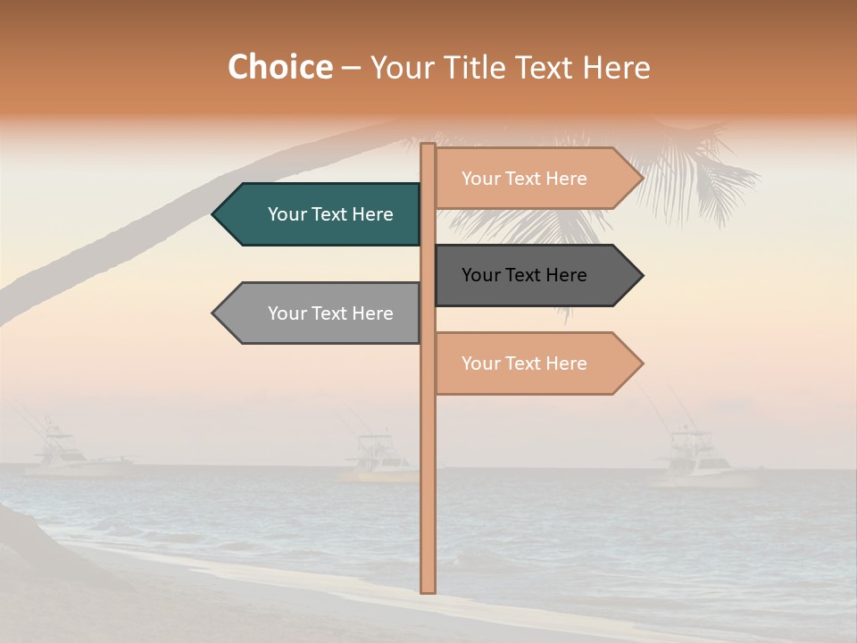 Palm Tree And Fishing Boats At Tropical Beach At Sunset. Focus On Palm Tree. PowerPoint Template