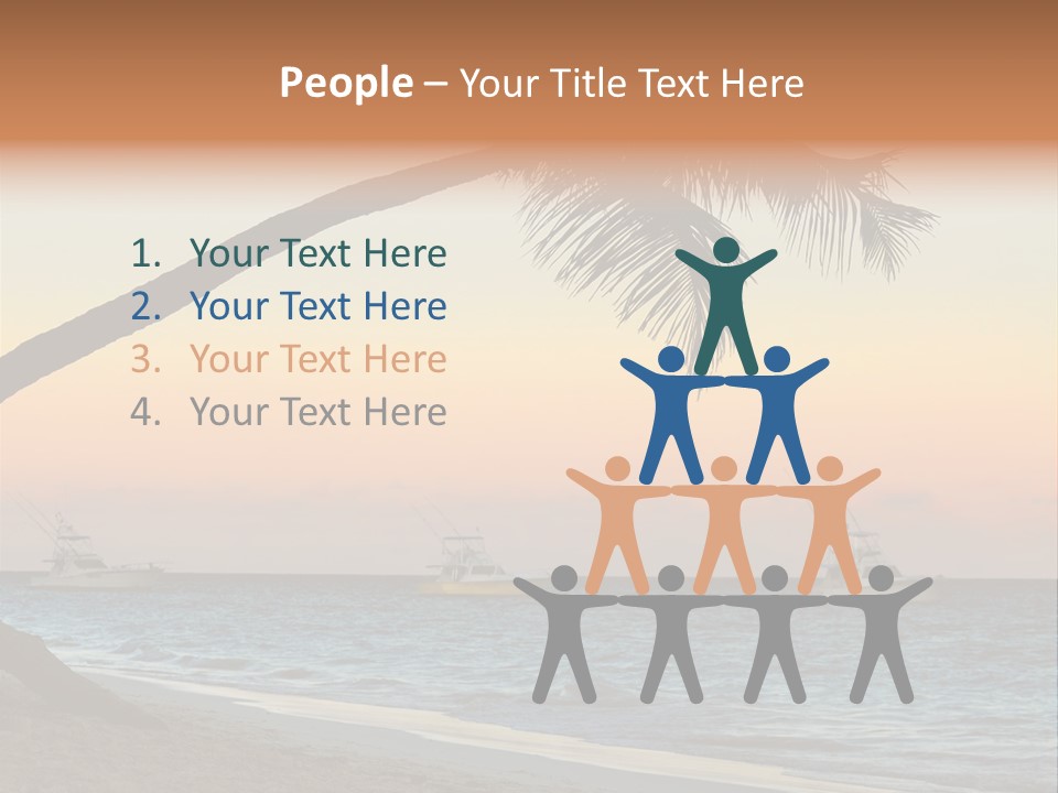 Palm Tree And Fishing Boats At Tropical Beach At Sunset. Focus On Palm Tree. PowerPoint Template