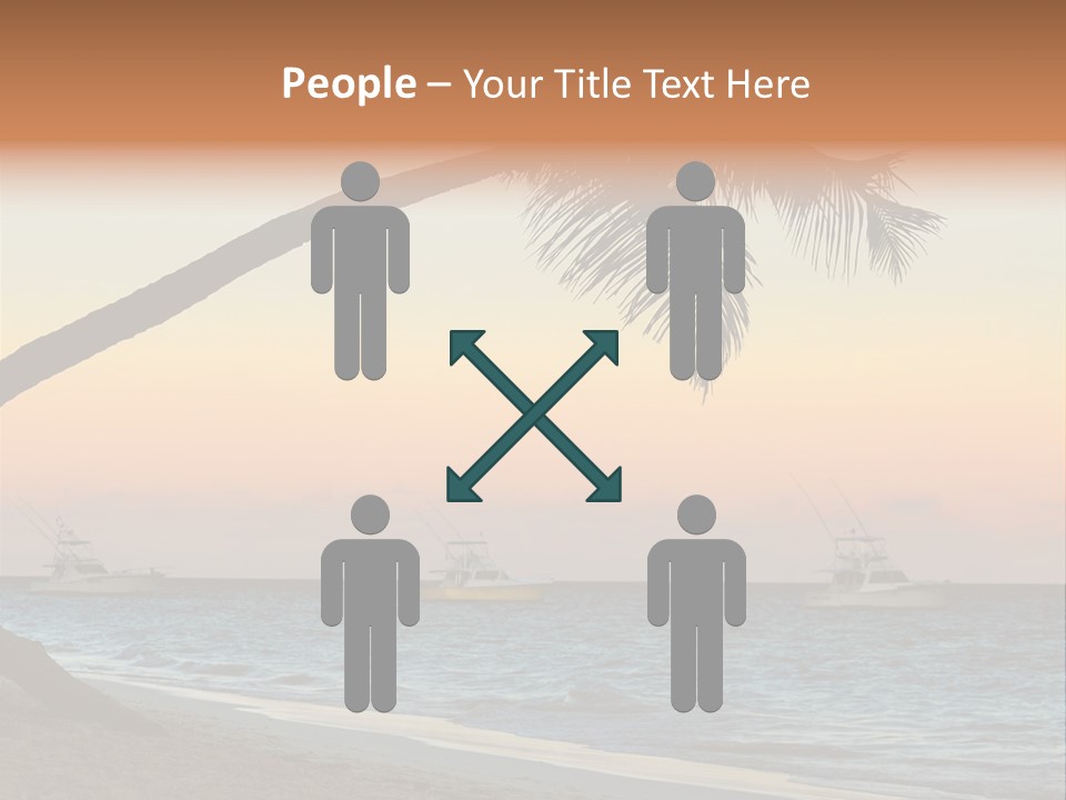 Palm Tree And Fishing Boats At Tropical Beach At Sunset. Focus On Palm Tree. PowerPoint Template