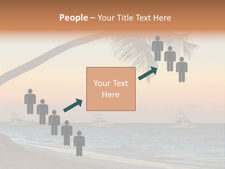 Palm Tree And Fishing Boats At Tropical Beach At Sunset. Focus On Palm Tree. PowerPoint Template