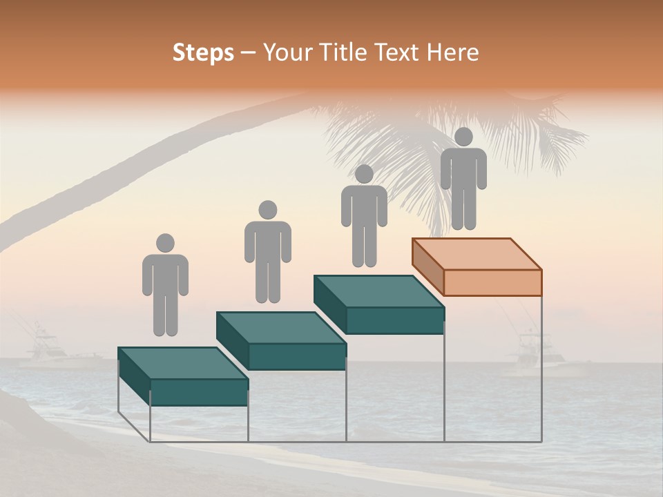 Palm Tree And Fishing Boats At Tropical Beach At Sunset. Focus On Palm Tree. PowerPoint Template